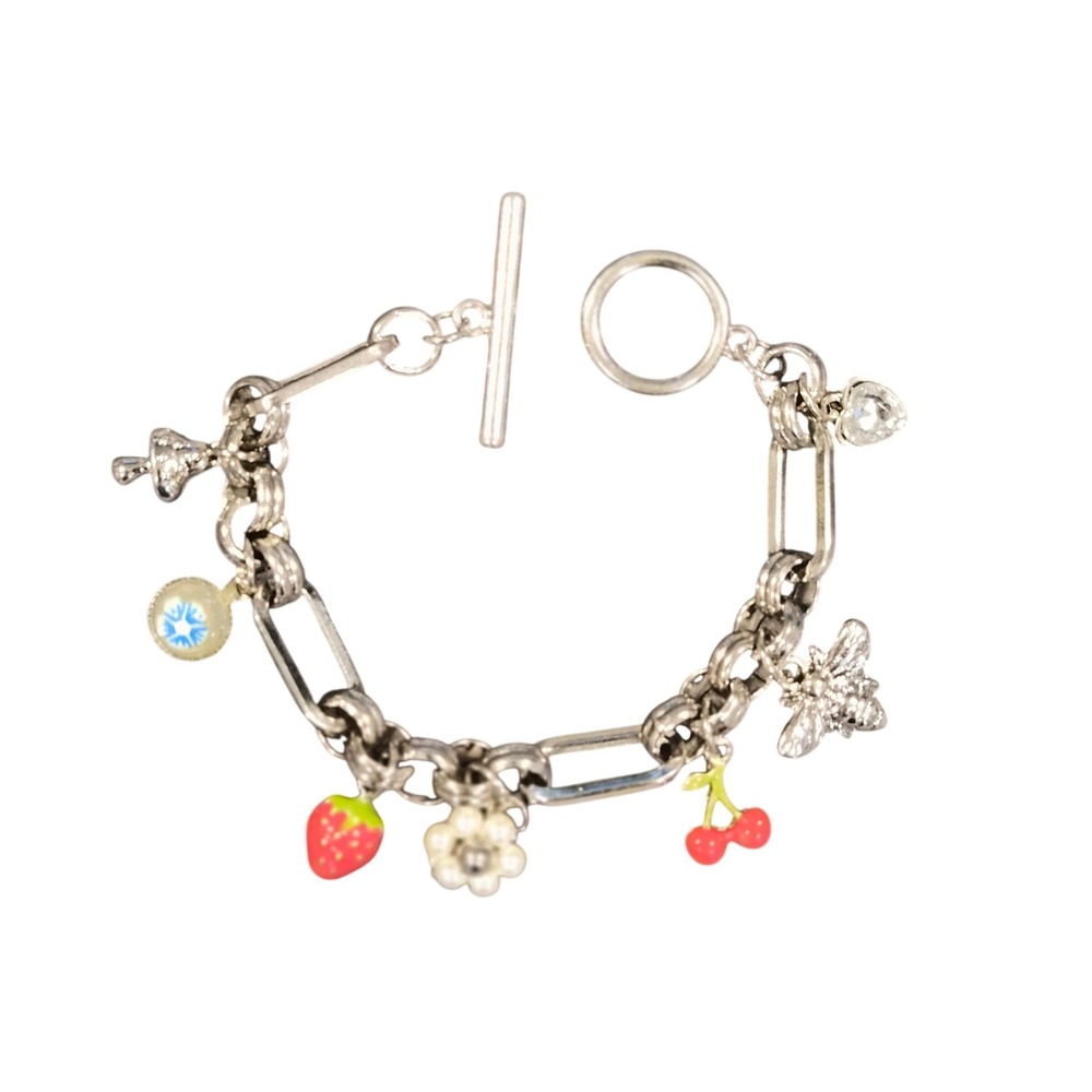 Silver Tone Paperclip Charm Bracelet Mushroom Strawberry Bee Toggle Clasp 6.25"